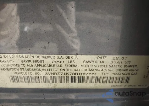 2008 Volkswagen Jetta Se/Sel из США, поврежденный, VIN 3VWRZ71K78M105999